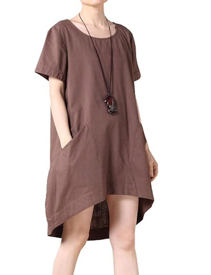 Minibee Women's Cotton Linen Short Sleeve Tunic/Top Tees (M, Coffee) - Image 2